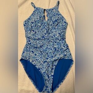 Ellen Tracy high neck one-piece swimsuit. Blue. Size 12. Excellent condition.